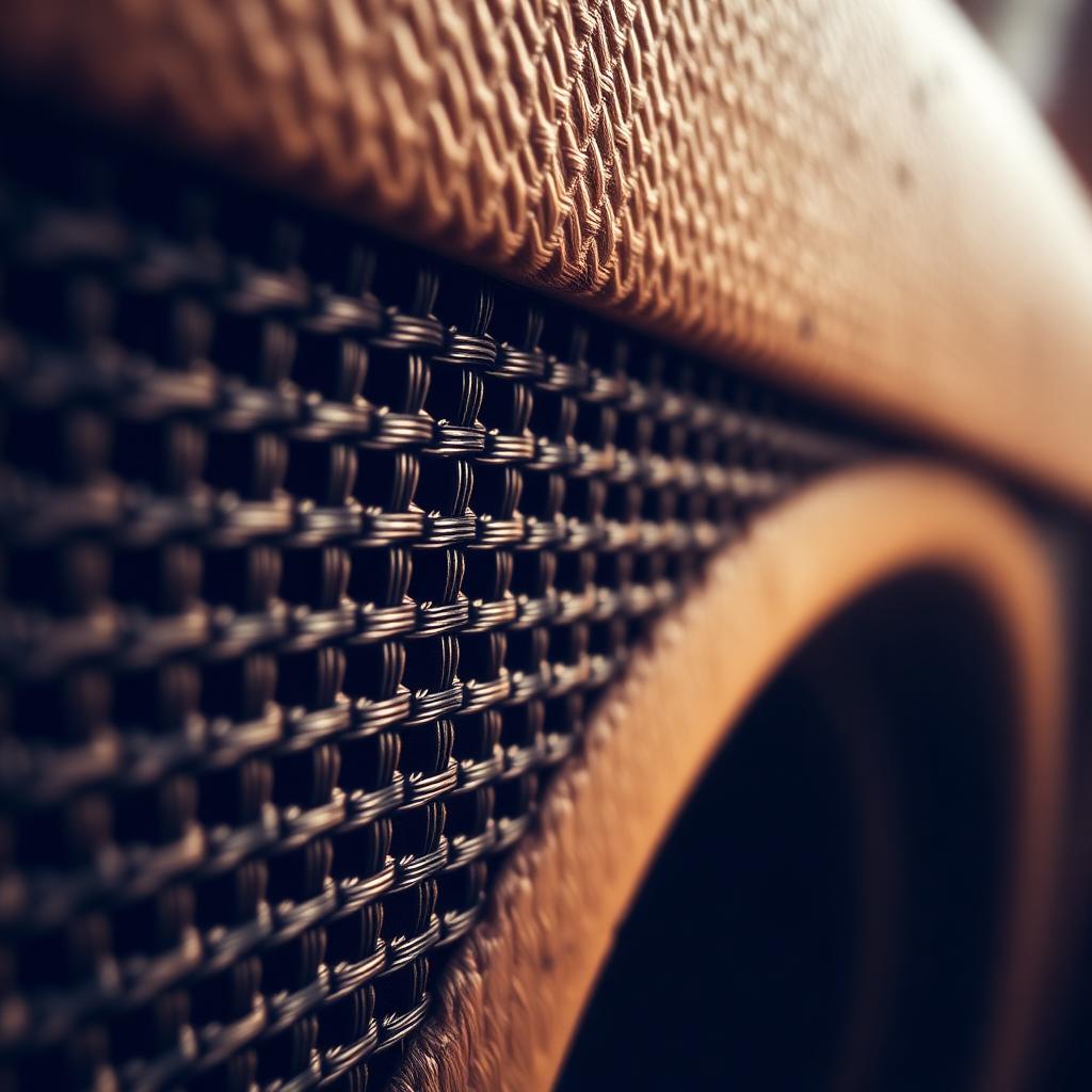 Macro of a worn guitar amplifier grille cloth