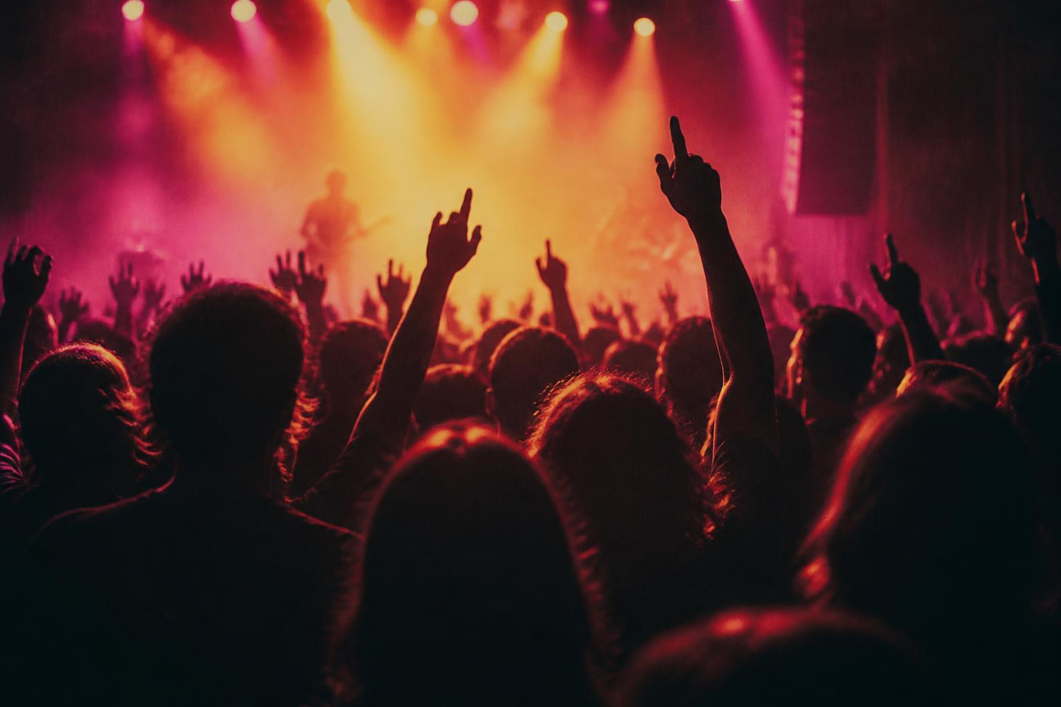 Silhouetted crowd with raised hands against stage light