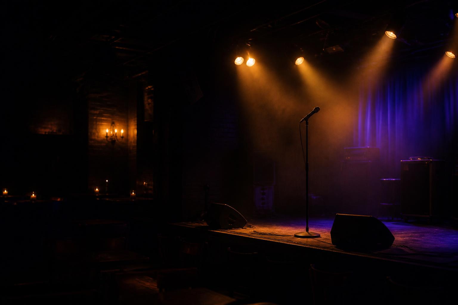An empty club stage lit warm before the show